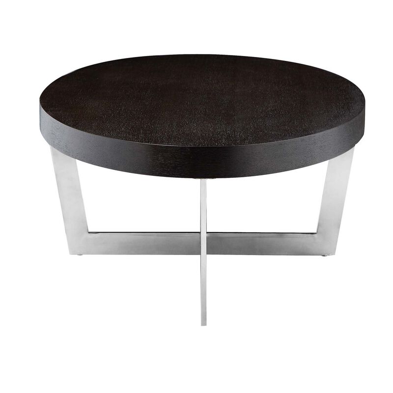 Tini 55 Inch Coffee Table, Oval Top, Chrome Frame, Espresso Brown Finish - Benzara