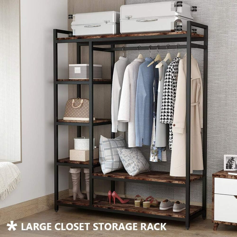 Large Free-standing Closet, Standing Clothes Garment Rack, Organizer with 6 Storage Shelves and Hanging Bar
