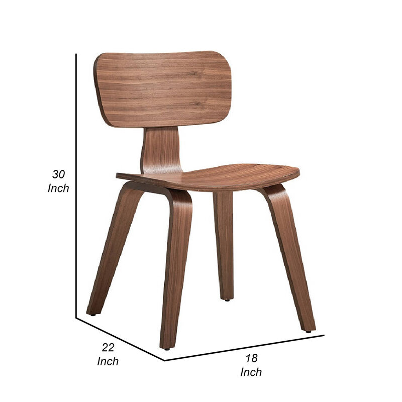 Aon 22 Inch Side Dining Chair Set of 2, Curved Back, Wood, Walnut Brown - Benzara