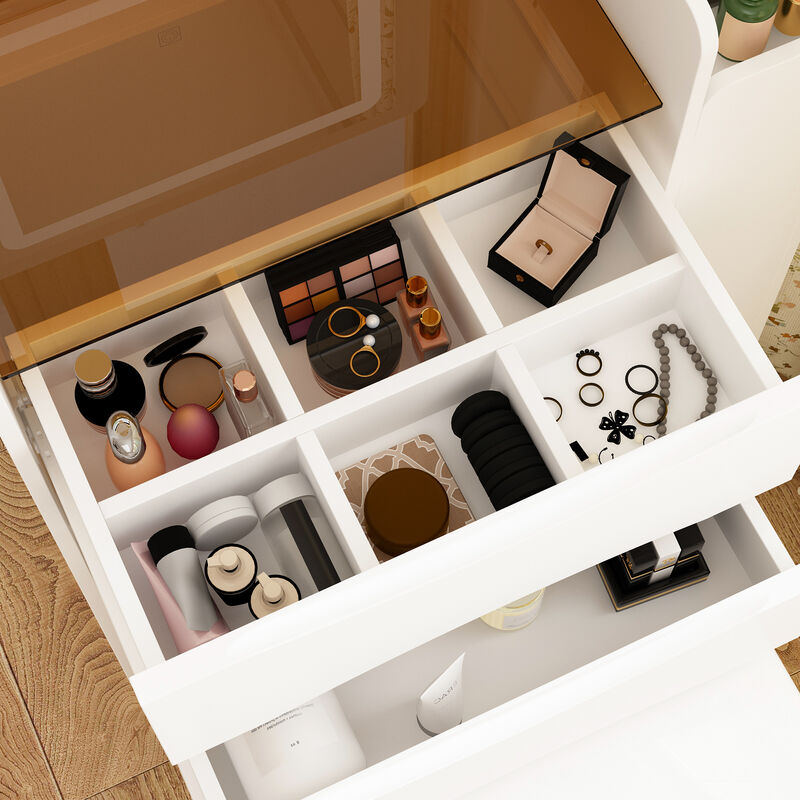 FUFU&GAGA Makeup Vanity with LED Lighted Mirror, Storage Drawers, Shelves, and Cushioned Stool (24.1" W x 15.7" D x 47.2" H), White