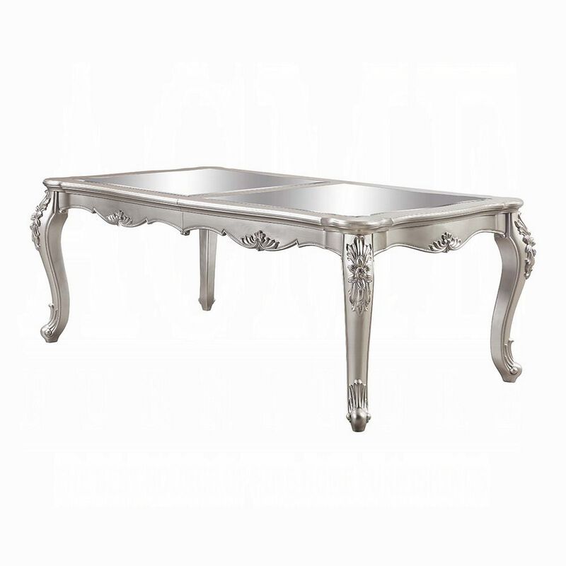Bowe Dining Table, 80-96 Inch, Mirrored, Classic Champagne Silver Wood - Benzara