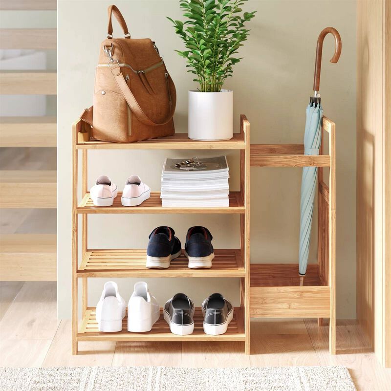 Hivvago 2 Shelf Entryway Shoe Rack Bench with Bla2 in 1 Entryway 4 Shelf Bamboo Shoe Rack and Umbrella Holderck Metal Frame and Brown Wood Top
