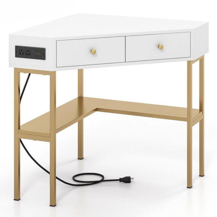 Hivvago Triangle Corner Desk with Charging Station with 2 Drawers and Storage Shelf