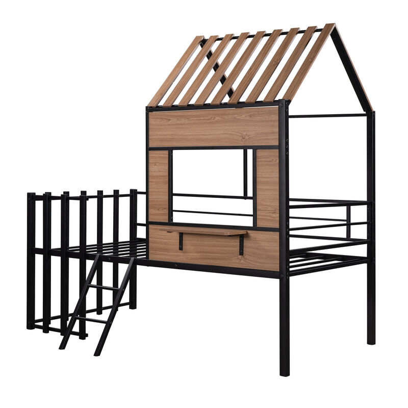 Metal Twin Size Loft Bed With Roof, Window, Guardrail, Ladder