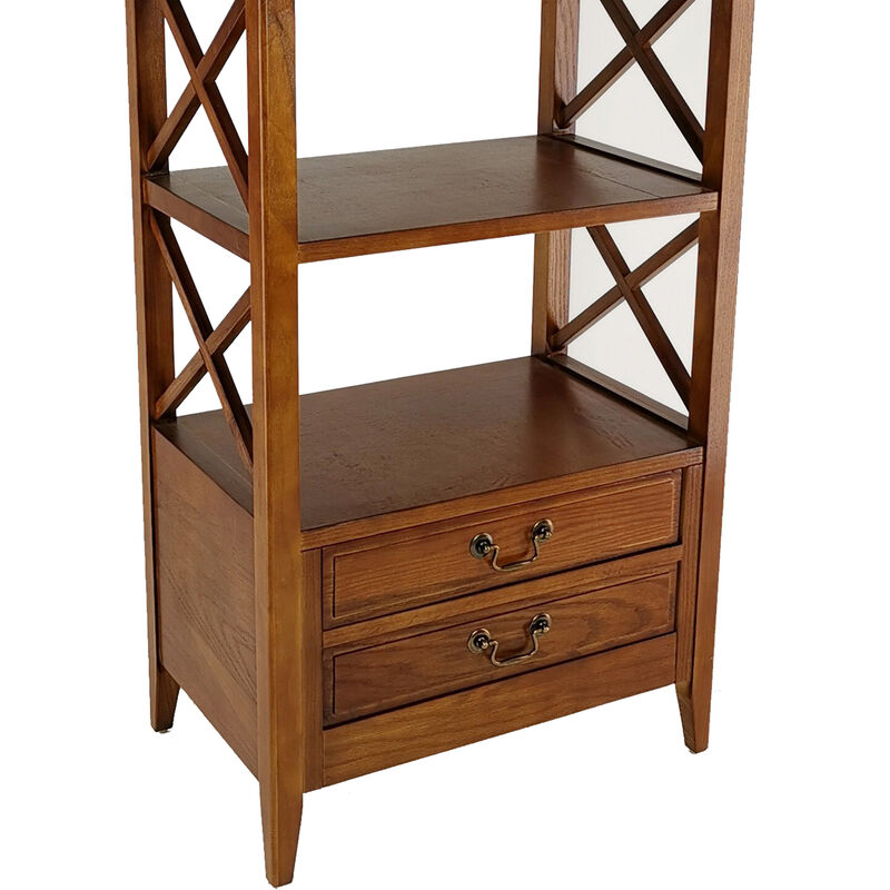 X Frame Wooden Rack with 2 Drawers and Open Shelf, Brown-Benzara