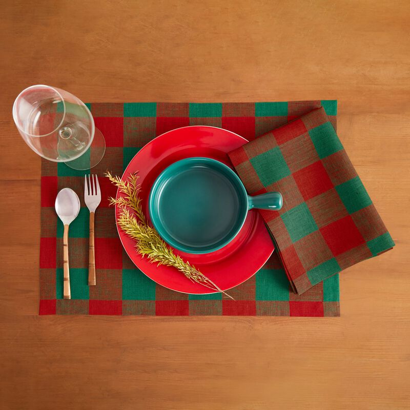 Solino Home 100% Pure Linen 14 x 19 Inch Placemats Set of 4 | Buffalo Check