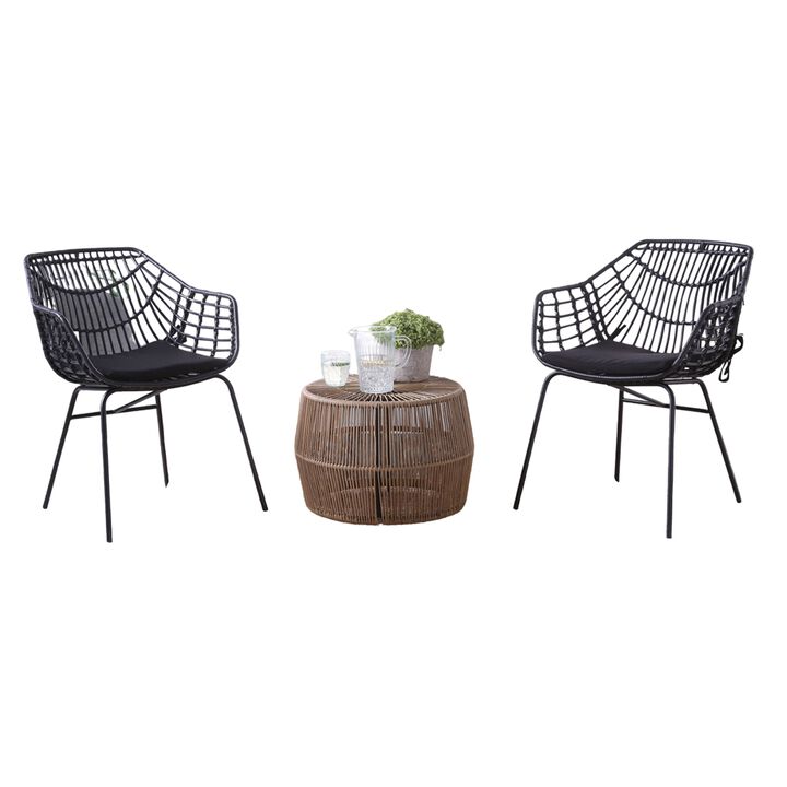 Zyan 3pc Outdoor Set, 2 Accent Chairs with Table, Black Steel, Brown Rattan