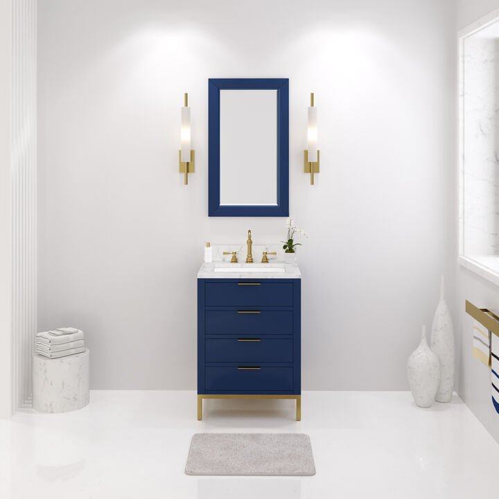 Bristol 24 In. Single Sink Carrara White Marble Countertop Bath Vanity in Monarch Blue