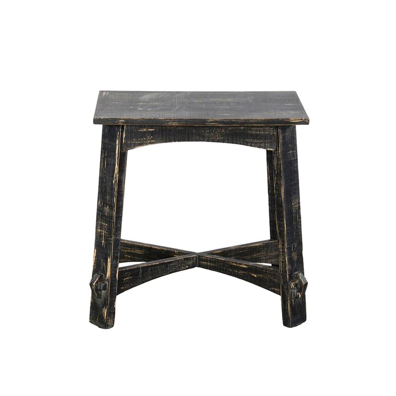 Rena Accent Chairside Table, X Legs, 24in Distressed Rustic Black Wood - Benzara