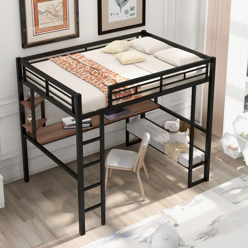 Full Size Loft Metal MDF Bed With Long Desk And Shelves
