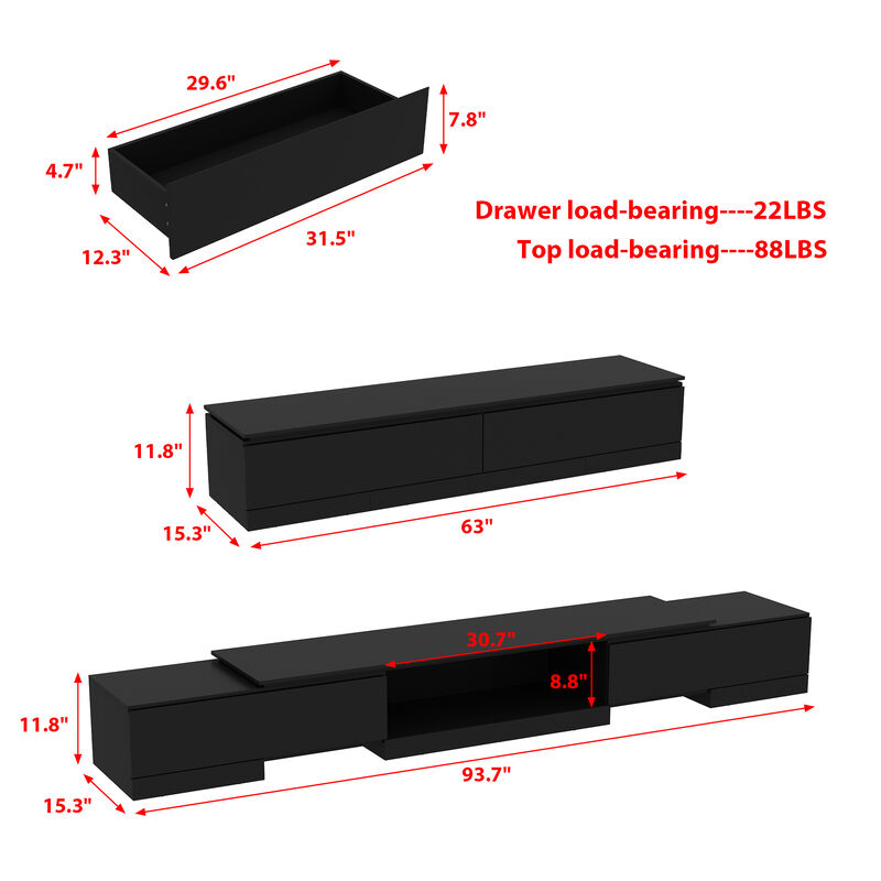 FUFU&GAGA Modern Adjustable TV Stand with Storage Drawers and Open Shelf, (63"-93.7" W x 15.3" D x 11.8" H),Black