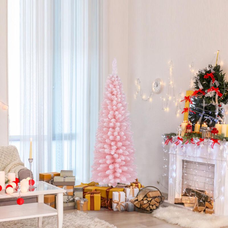 Hivvago Snow Flocked 5/6/7/8 FT Artificial Pink Xmas Tree with 328/460/635/1000 Branch Tips