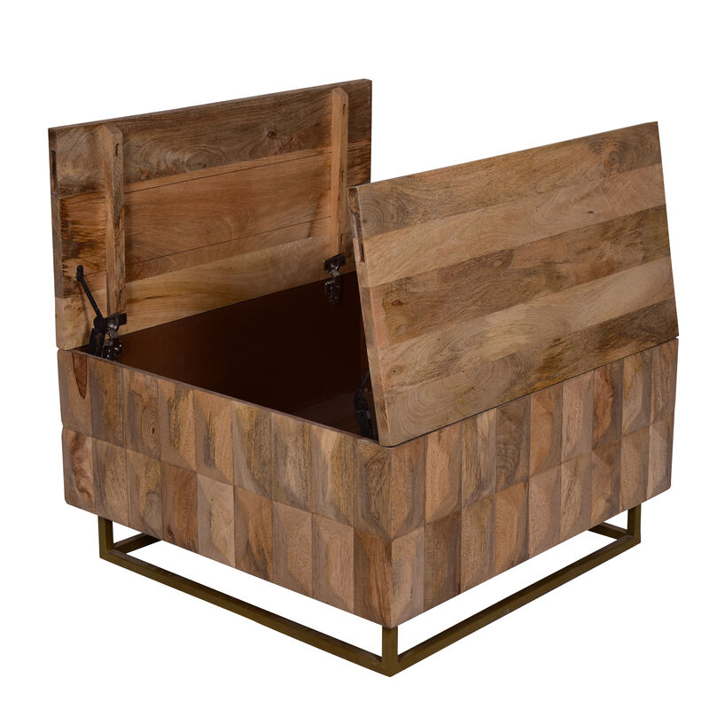 33 Inch Lift Top Storage Trunk Coffee Table, Square, Mango Wood, Natural Brown-Benzara
