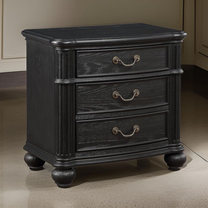 Berry 27 Inch Nightstand, Wood, Metal Handles, 3 Drawers, Classic Black - Benzara
