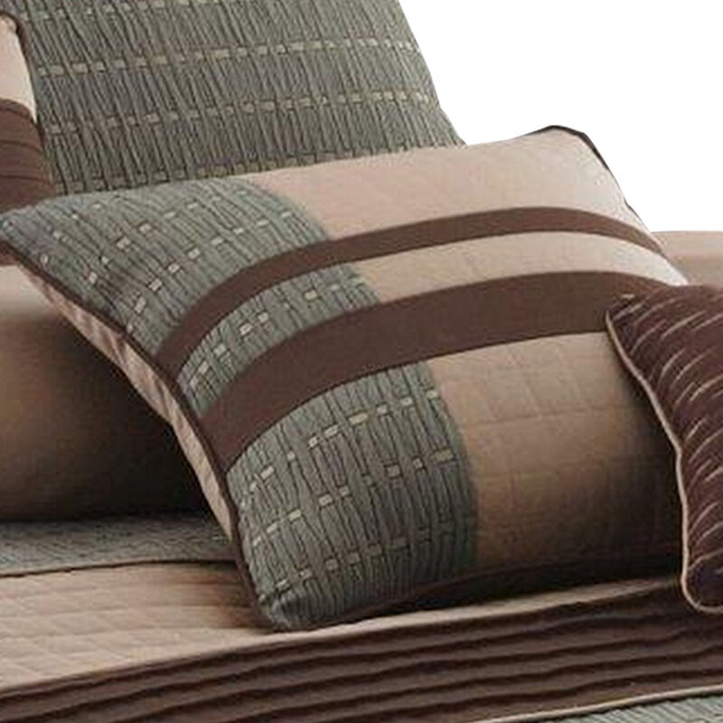 7 Piece King Polyester Comforter Set with Pleats and Texture, Gray and Brown-Benzara