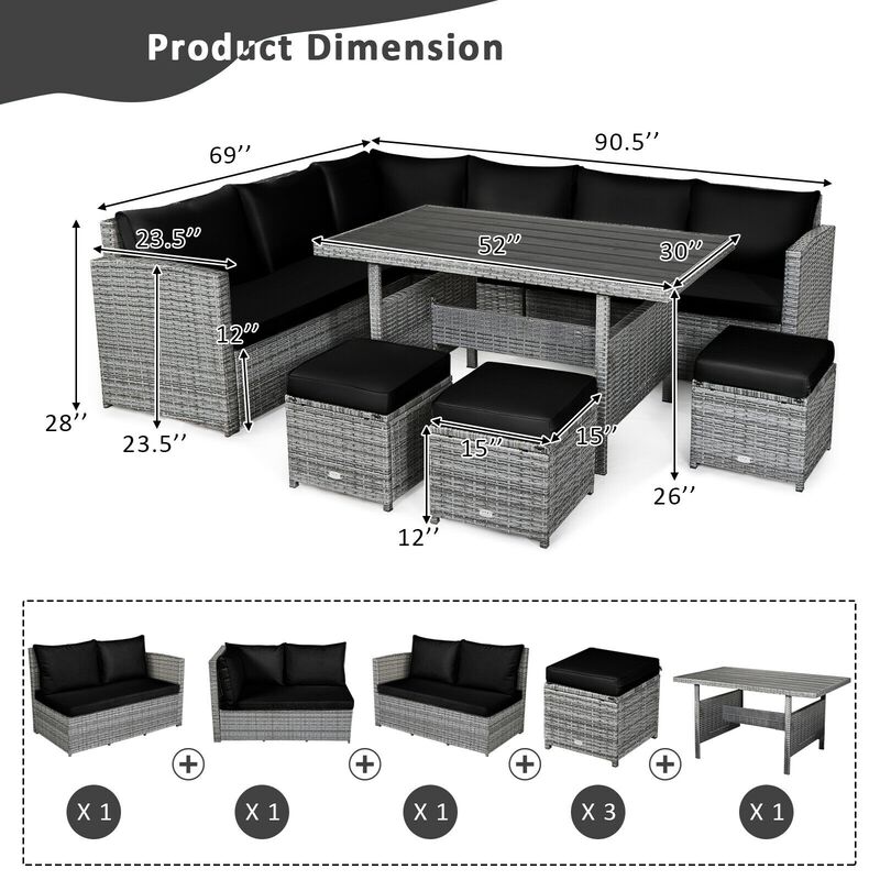7 Pieces Patio Rattan Dining Furniture Sectional Sofa Set with Wicker Ottoman