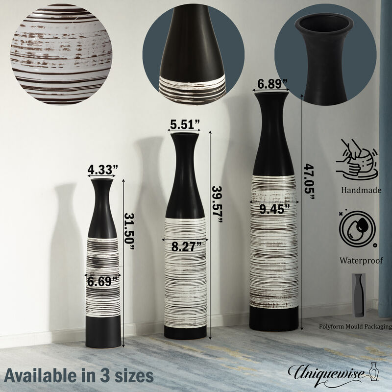 47-Inch Handcrafted Black and White Waterproof Ceramic Floor Vase - Neat Classic Bottle Shaped Vase, Freestanding Design, Perfect for Tall Floral Arrangements