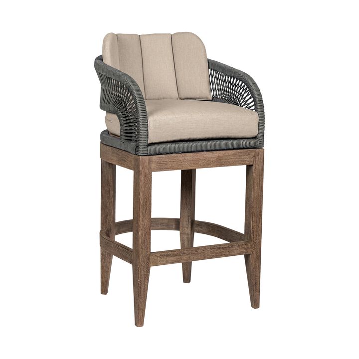 Kimi 26 Inch Outdoor Patio Counter Stool Chair, Olefin and Gray Woven Rope - Benzara