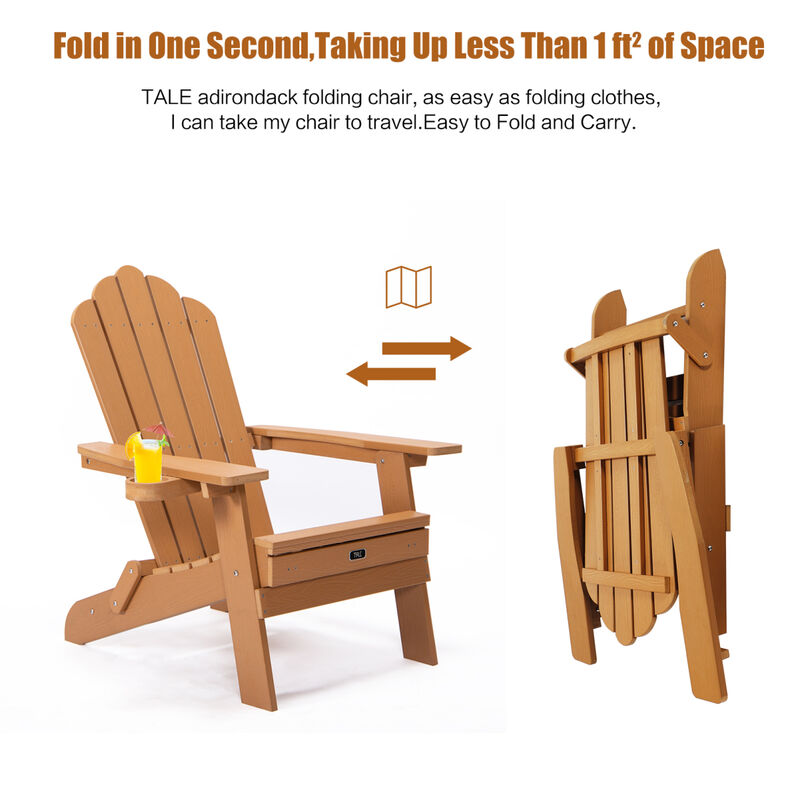 Tale Folding Adirondack Chair With Pullout Ottoman With Cup Holder, Oversized, Poly Lumber
