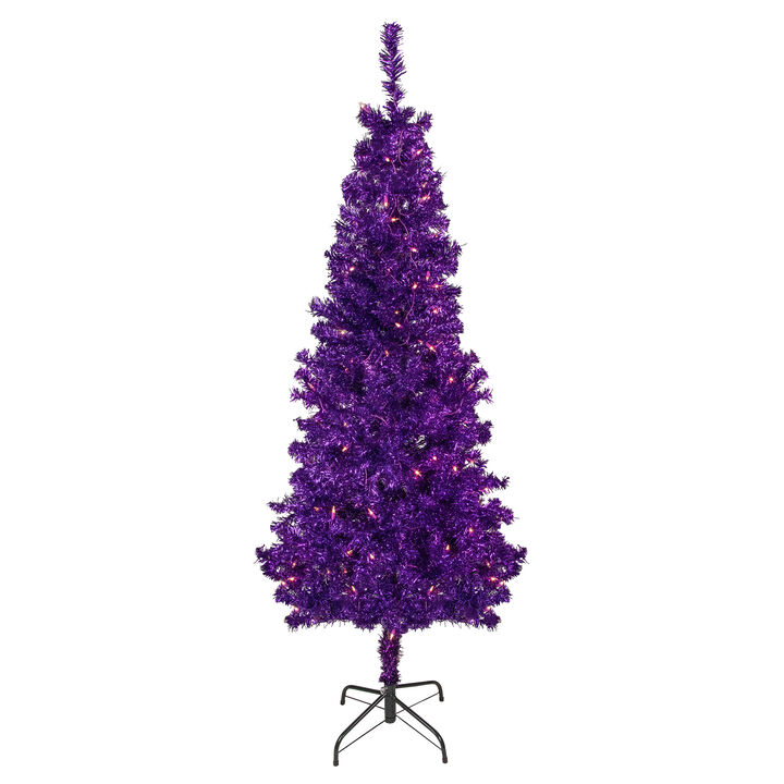 6' Pre-Lit Purple Artificial Tinsel Christmas Tree  Clear Lights