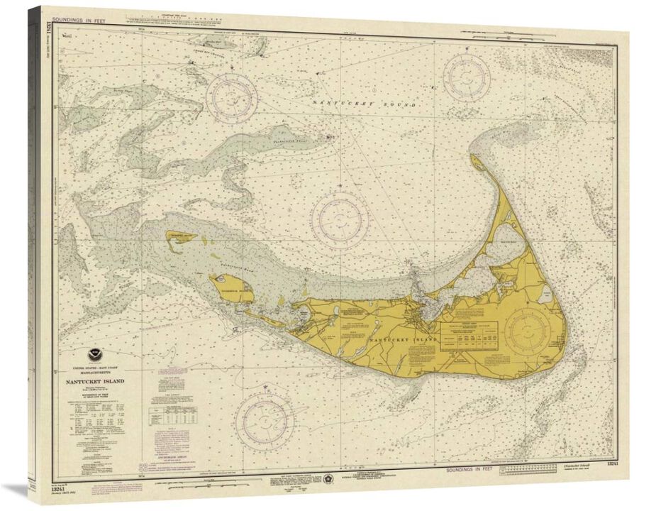 Nautical Chart - Nantucket Island ca. 1975 - Sepia Tinted-Canvas Art-40x32.4