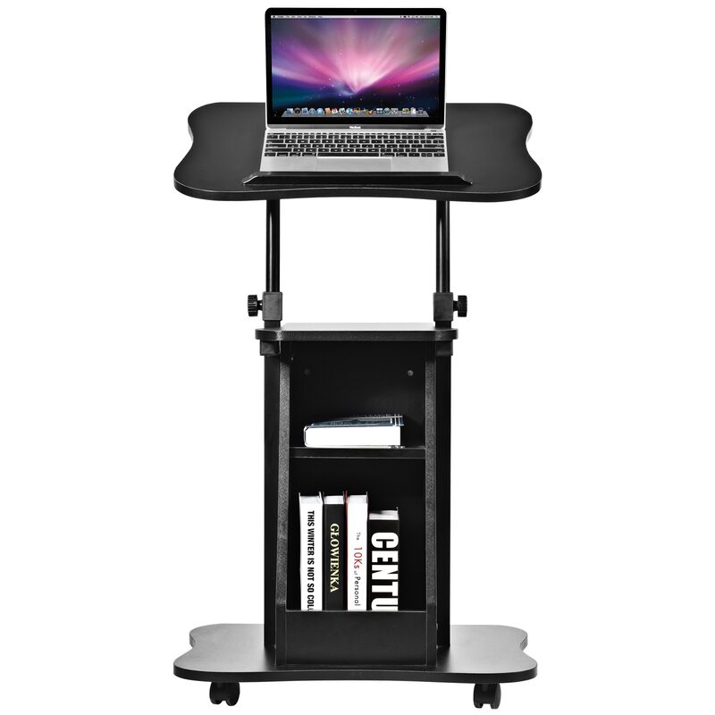 Mobile Podium Stand Height Adjustable Laptop Cart with Tilting Tabletop and Storage Compartments