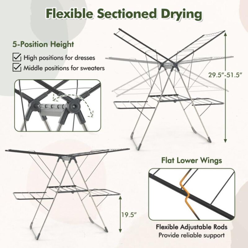 Hivvago 2-Tier Clothes Drying Rack with 33 Drying Rails and Height Adjustable Gullwings