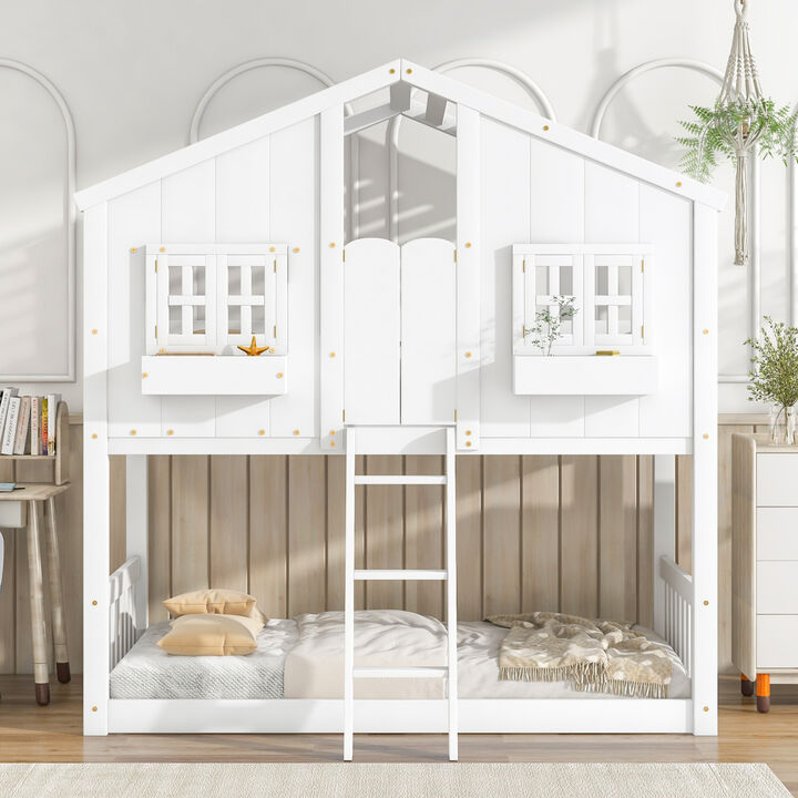 Twin Over Twin House Bunk Bed With Roof, Window, Window Box, Door, With Safety Guardrails
