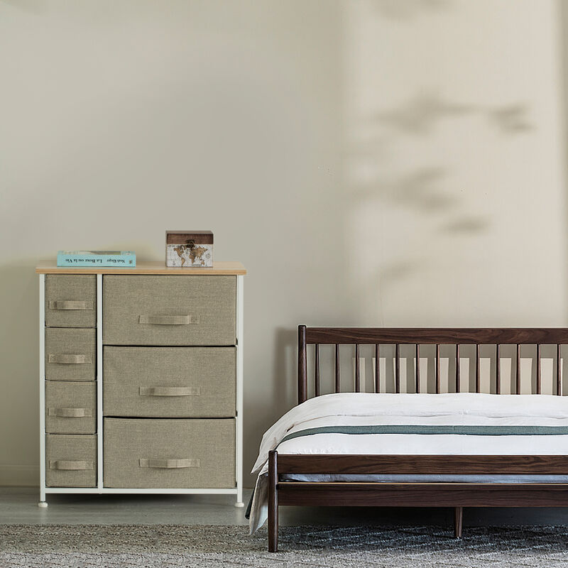 Sand Bins and White Frame Seven Storage Night Chest and Storage Chest, 2 Sizes Bins, Beige, 7 Drawers