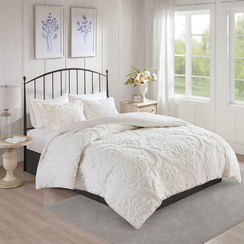 Gracie Mills Fitzpatrick 3 piece Tufted Cotton Chenille Damask Duvet Cover Set