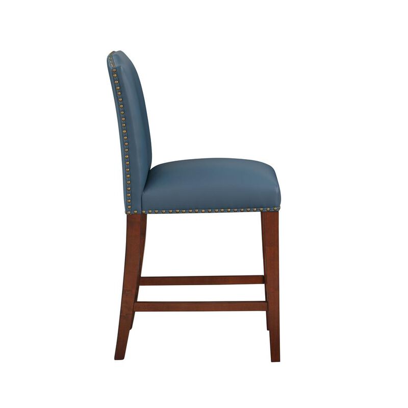 Comfort Pointe Bristol Stationary Blue Faux Leather Counter Stool with Nail Heads