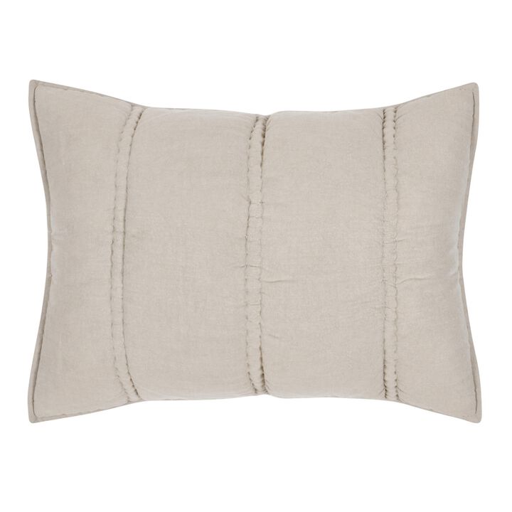 Rawi Standard Pillow Sham, 20x26 Beige Channel Stitch Ramie Cotton - Benzara
