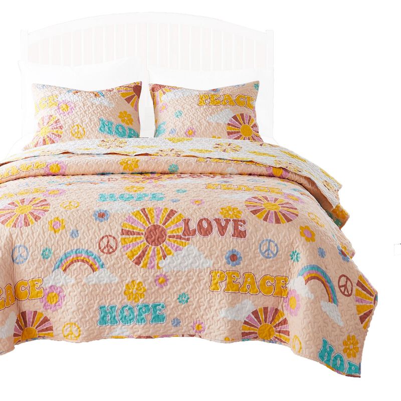 Berlin 3 Piece Microfiber Rainbows and Clouds Print Queen Quilt Set, Beige - Benzara
