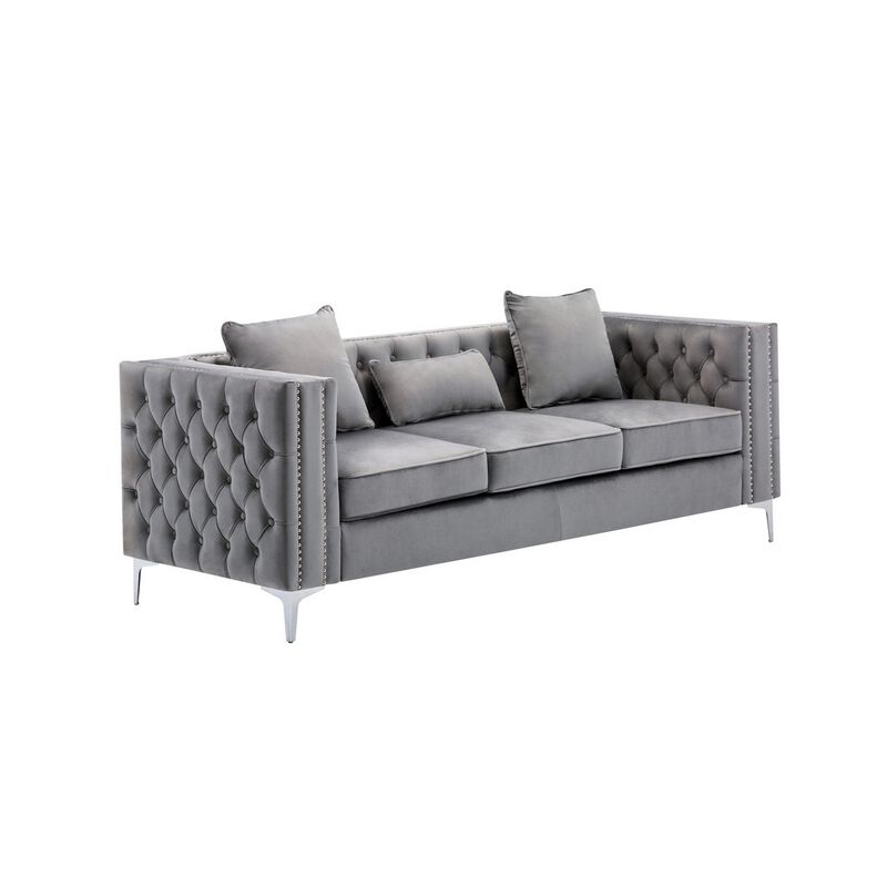 Joni, Chesterfield Design, Deep Button Tufting, Gray Velvet-Benzara