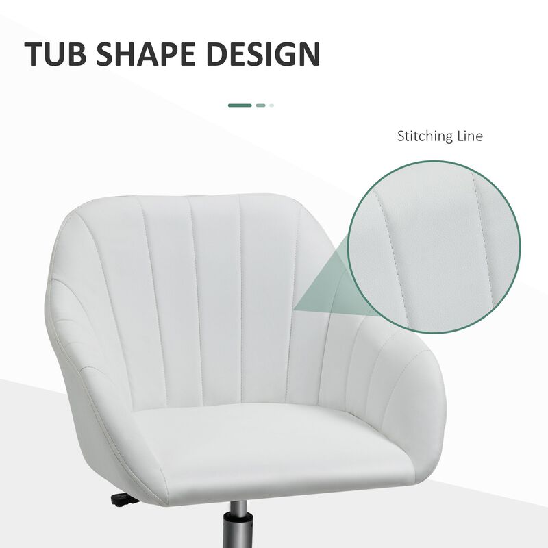 White Home Office Chair: Mid-Back PU Leather Swivel Tub Armchair