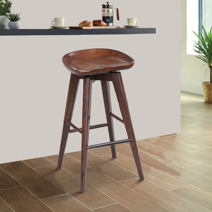 Contoured Seat Wooden Frame Swivel Barstool with Angled Legs, Dark Brown-Benzara