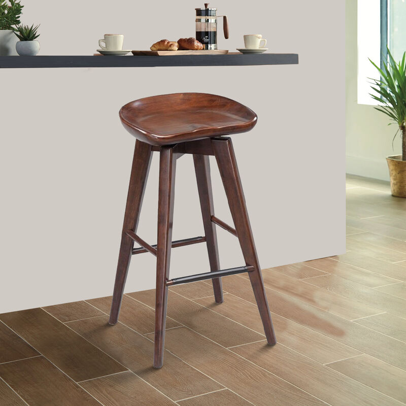 Contoured Seat Wooden Frame Swivel Barstool with Angled Legs, Dark Brown-Benzara