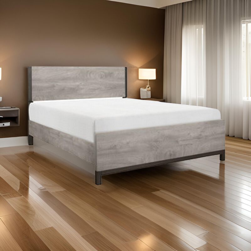 Deena Queen Bed, Painted Metal Finished Accents, Light Gray Wood Frame - Benzara