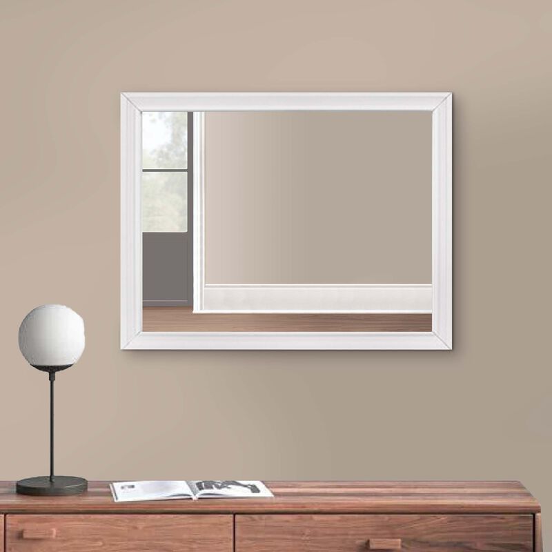 Ani 37 Inch Modern Rectangular Accent Mirror, Faux Wood Veneer Frame, White-Benzara