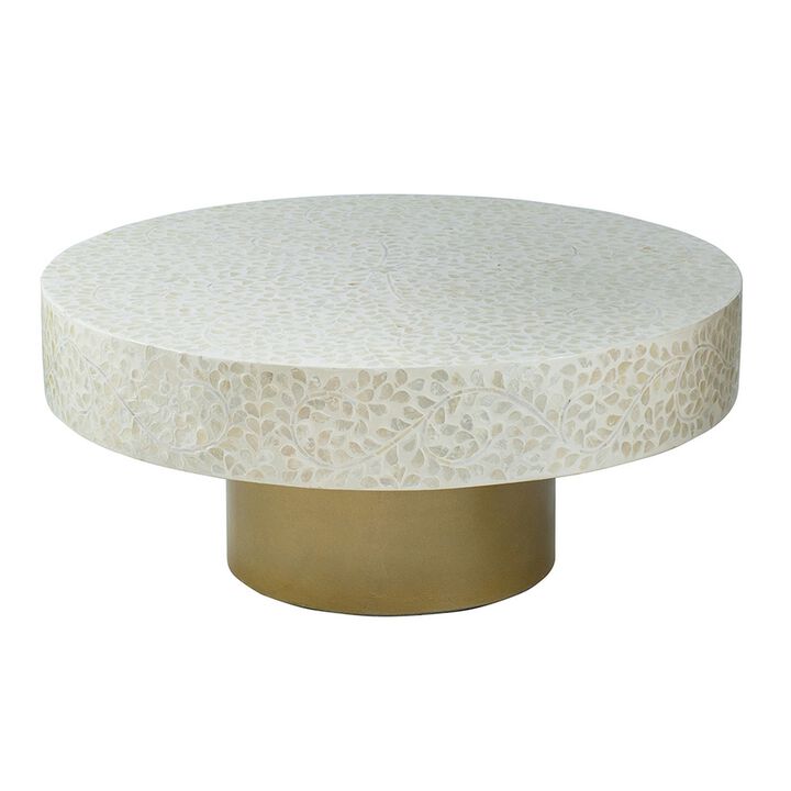 Piki 35 Inch Coffee Table, Mughal Capiz Inlaid Pattern, Cream, Gold  - Benzara