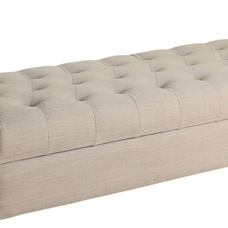 Fabric Upholstered Wooden Bench with Button Tufted Lift Top Storage, Beige - Benzara