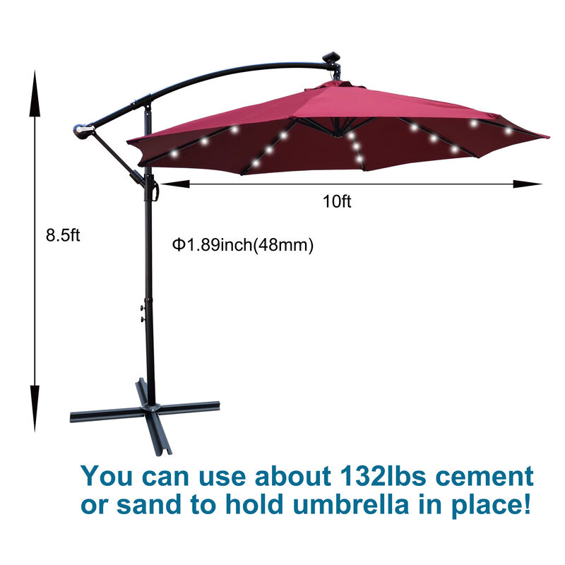 10ft LED Solar Patio Umbrella with Crank and Cross Base
