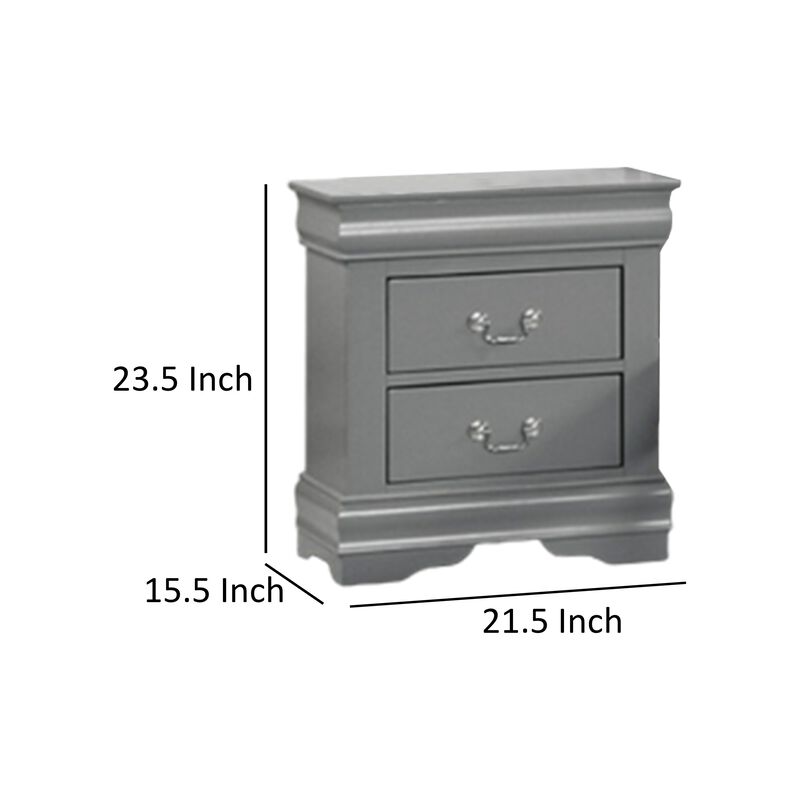Ryla Nightstand, 2 Drawers, Light Gray Solid Wood, Nickel Drop Handles
