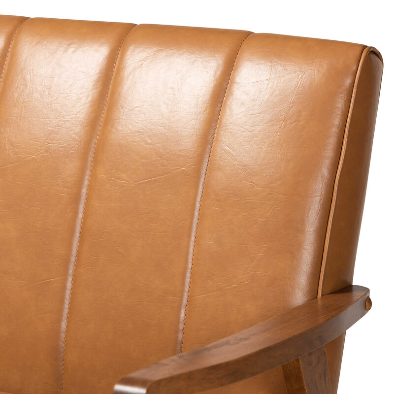 Baxton Studio Nikko Mid Century Tan Faux Leather Upholstered Wood Sofa