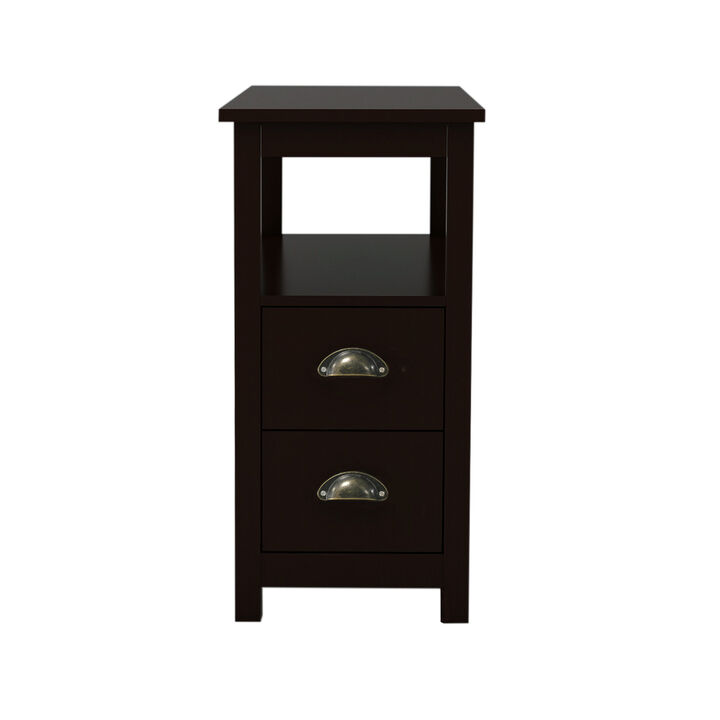 2 Drawers Narrow Nightstand End Table with Compact Design Open Shelf