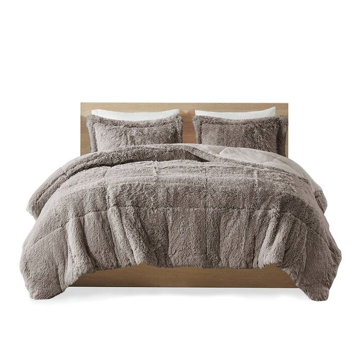 Hivvago Full/Queen Grey Soft Sherpa Faux Fur 3 Piece Comforter Set with Pillow Shams