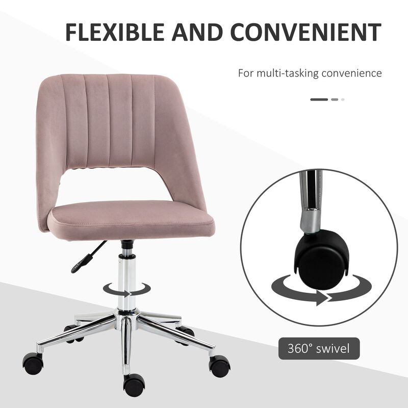 Pink Office Comfort: Velvet Mid Back Swivel Chair with Scallop Design