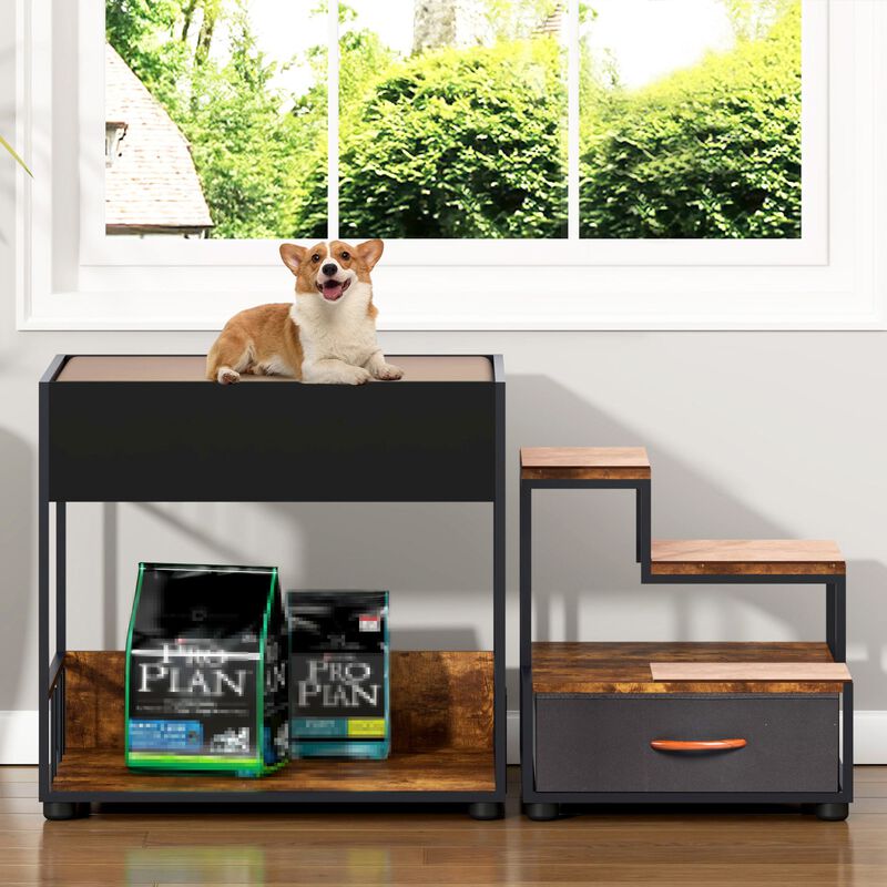Dog Window Perch with Steps, Non-Slip Pad, Storage Drawer, and Sponge Cushion, Pet Bunk Bed, Black + Vintage