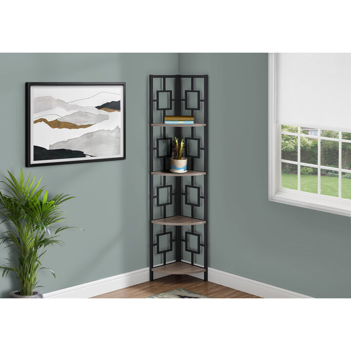 Monarch Specialties I 3611 Bookshelf, Bookcase, Etagere, Corner, 4 Tier, 62"H, Office, Bedroom, Metal, Laminate, Brown, Black, Contemporary, Modern