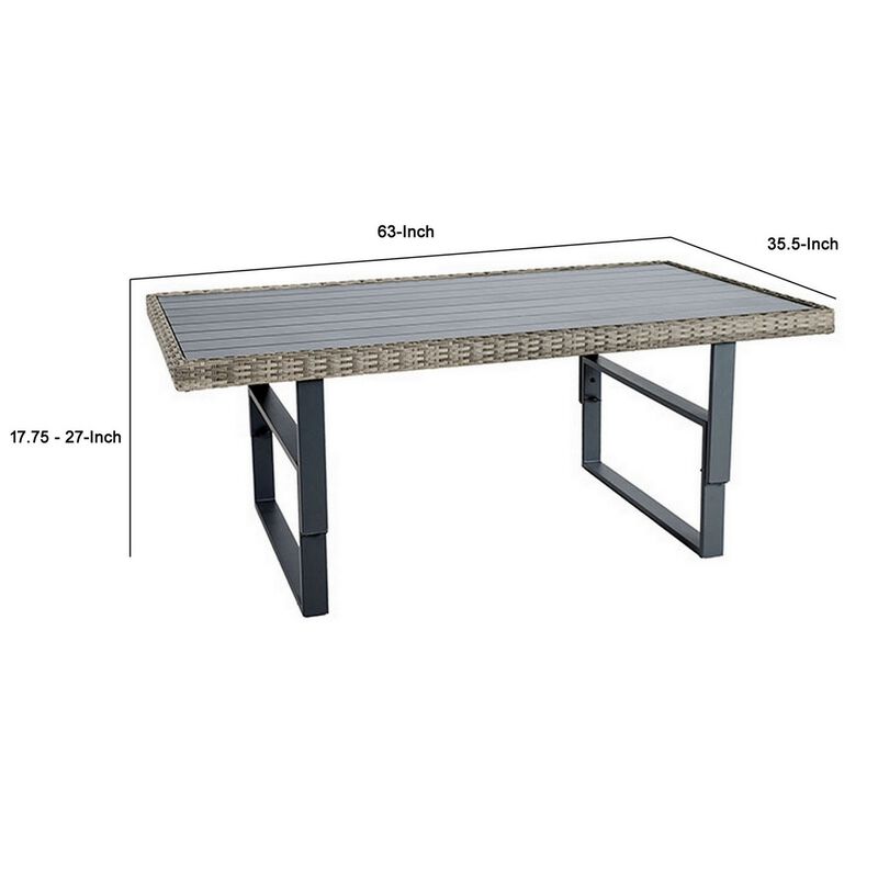 Foca 63 Inch Outdoor Rectangular Dining Table, Adjustable Height, Wicker  - Benzara
